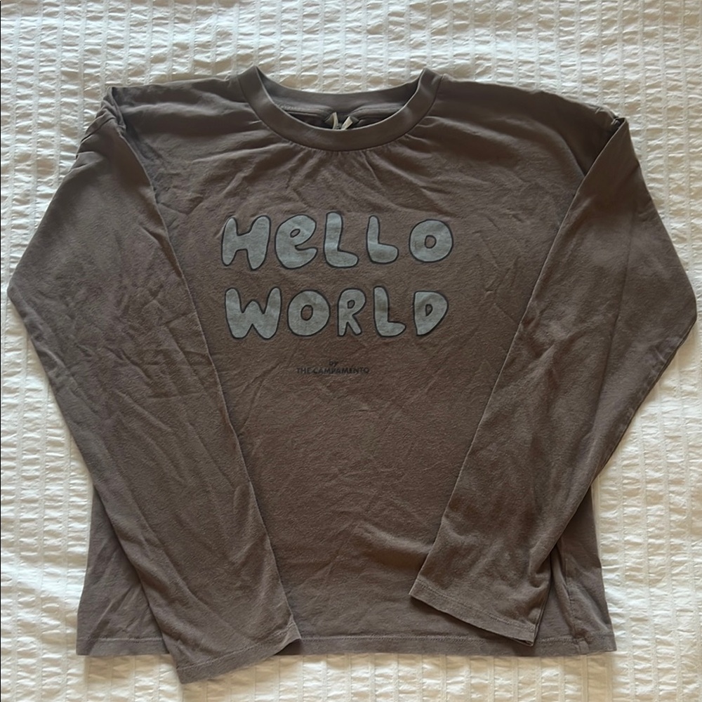 Brown Long Sleeve 'Hello World' Shirt